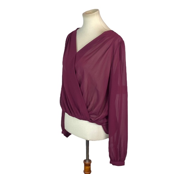 Woman’s Double Zero maroon/burgundy long sleeve semi sheer wrap blouse size M - Picture 2 of 3